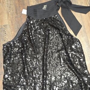 Lane Bryant Black Sequin Sleeveless Top Plus Size 28 Sash Tie Neck